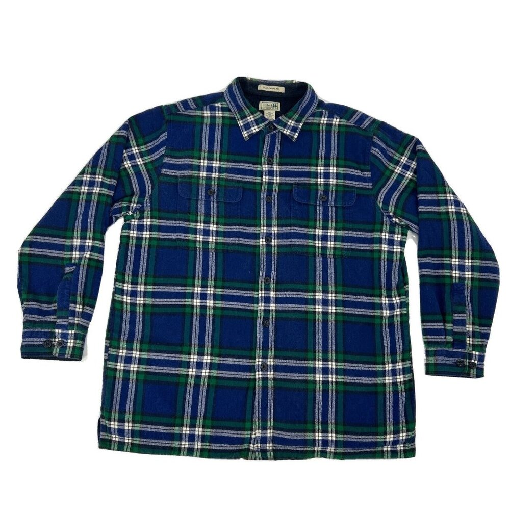 LL Bean Shirt Jacket Men's L-Reg‎ Green Blue Tartan Plaid Fleece Lined Shacket